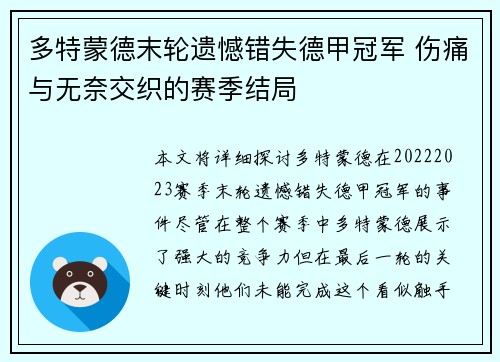 多特蒙德末轮遗憾错失德甲冠军 伤痛与无奈交织的赛季结局